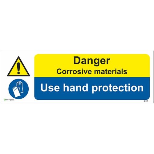 Danger Corrosive Materials Use Hand Protection Sign, hazard signs, danger corrosive signs, combined signs, protective equipment signs, wear glove signs