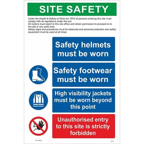 Site Safety Sign, Helmets, Footwear, High Visibility And Unauthorised Entry Sign, Combined construction sign board