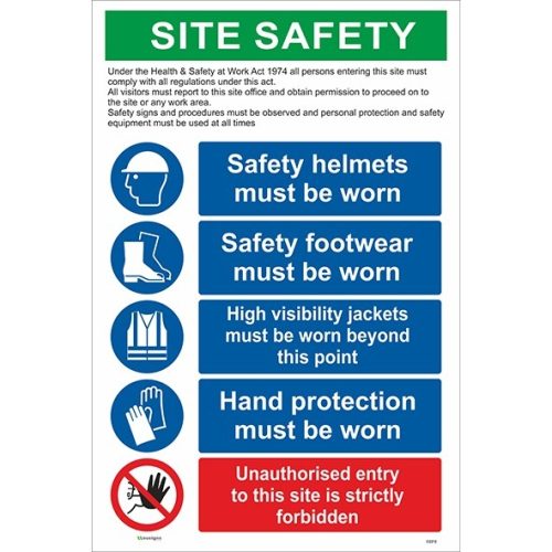 Site Safety Sign, Helmets, Footwear, High Visibility, Hand Protection And Unauthorised Entry Sign, Combined construction sign board