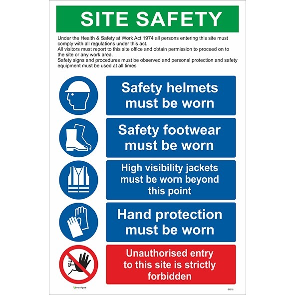 Site Safety Sign, Helmets, Footwear, High Visibility, Hand Protection And Unauthorised Entry Sign, Combined construction sign board