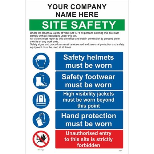 Site Safety Sign, Construction signs, Helmets, Footwear, High Visibility, Hand Protection And Unauthorised Entry Sign, Combined construction board