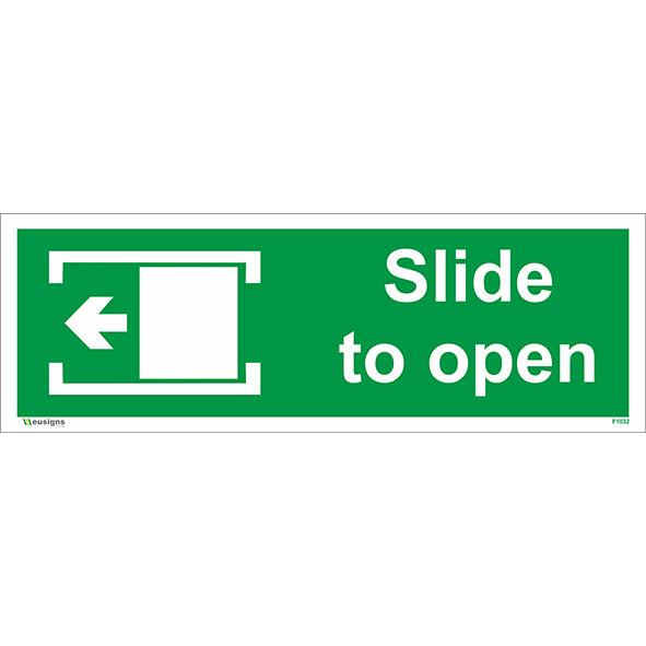 slide to open left sign, fire escape signs, emergency escape signs, standard fire signs, exit signs