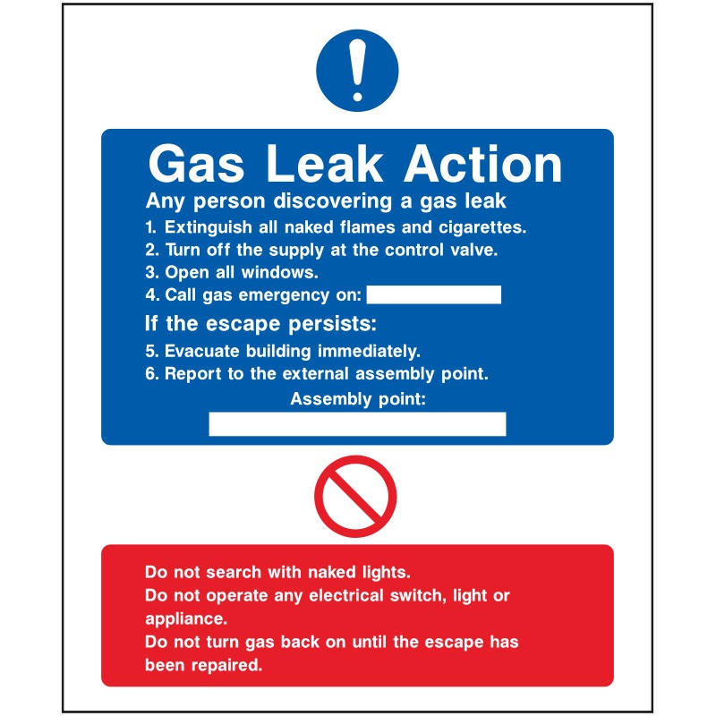 Gas Leak Action Sign, Fire Action Signs, Fire Signs, Health and Safety Signs, Safety Signs Online