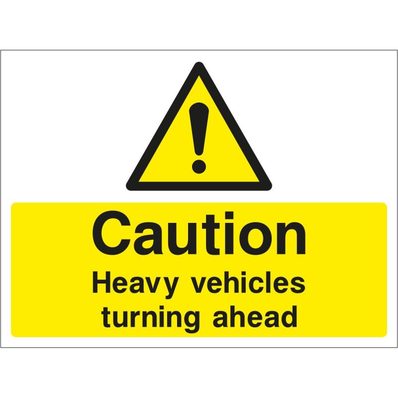 Caution heavy vehicles turning ahead sign