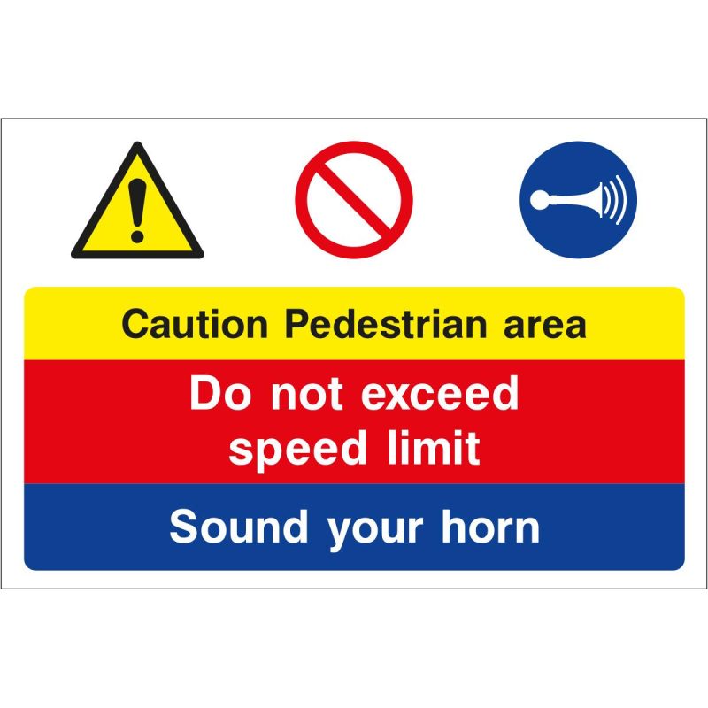 Caution pedestrian area, speed limit, sound your horn combination sign