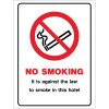 NO SMOKING, It is against the law to smoke in this hotel sign