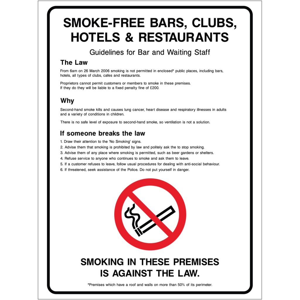 Smokefree bars, clubs, hotels & restaurants, Guidelines for staff EU Signs Ltd Sign