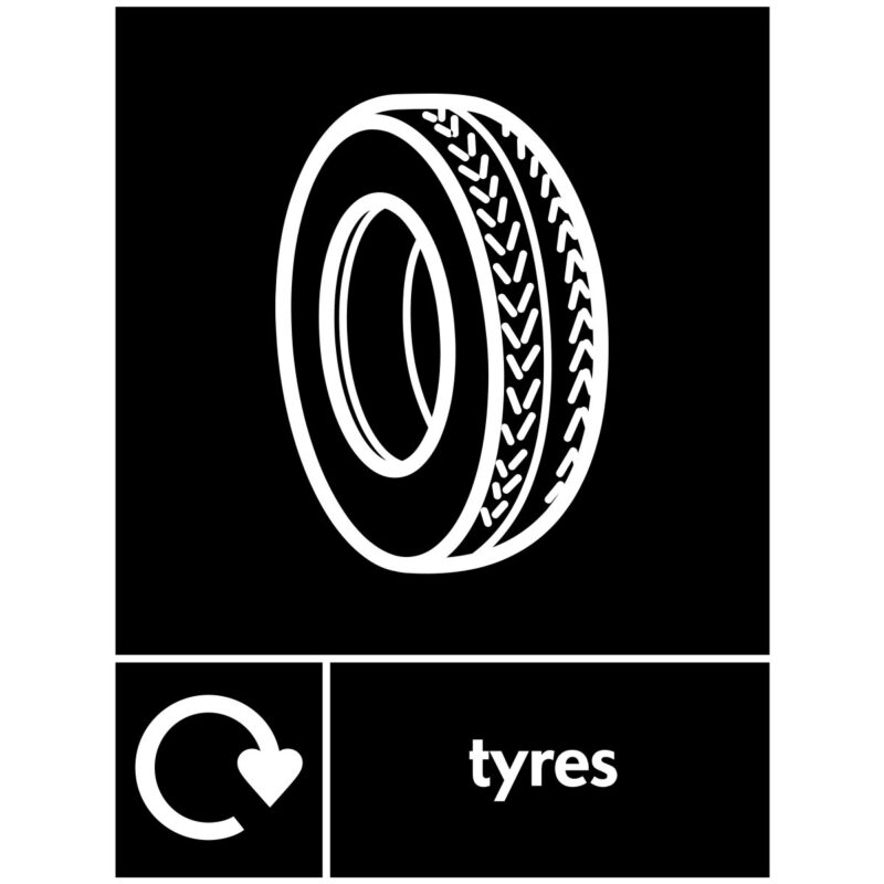 Tyre recycle sign with icons on it