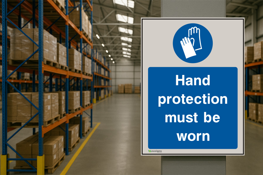 Warehouse mandatory signs, PPE signs, hand protection must be worn sign