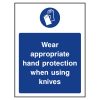 Wear appropriate hand protection when using knives sign