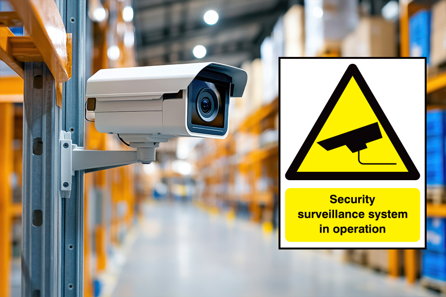 CCTV in operation sign on a perimeter fence warning of video surveillance