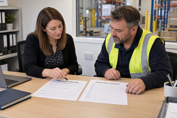 Workplace manager and supervisor reviewing an incident record and RIDDOR reporting checklist in a warehouse office