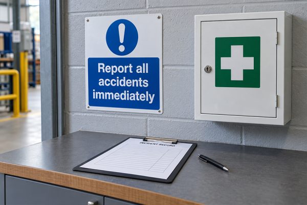 Accident reporting sign beside a blank incident record and first aid cabinet in a workplace reporting area