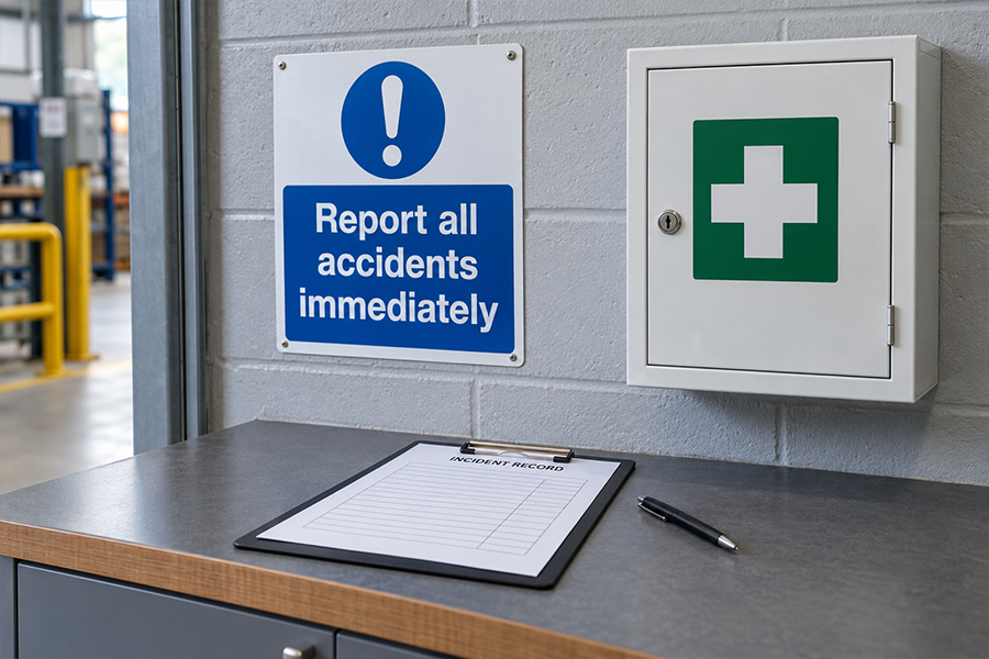 Accident reporting sign beside a blank incident record and first aid cabinet in a workplace reporting area