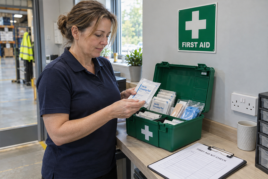 Appointed person using a workplace first aid kit checklist beside an open green kit in a UK workshop office