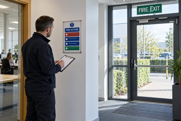 Responsible person reviewing a fire action notice beside an exit route in a UK workplace office