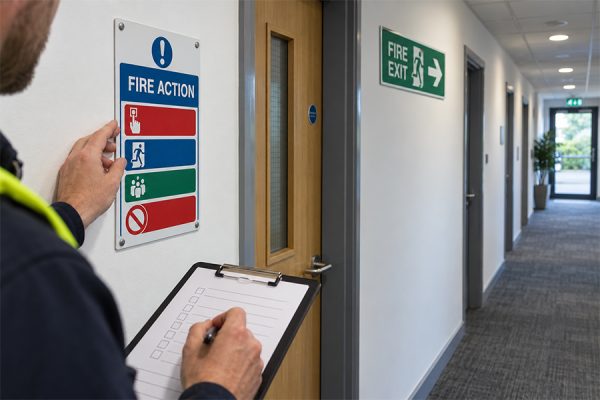 Responsible person reviewing a fire action notice beside an exit route in a UK workplace office